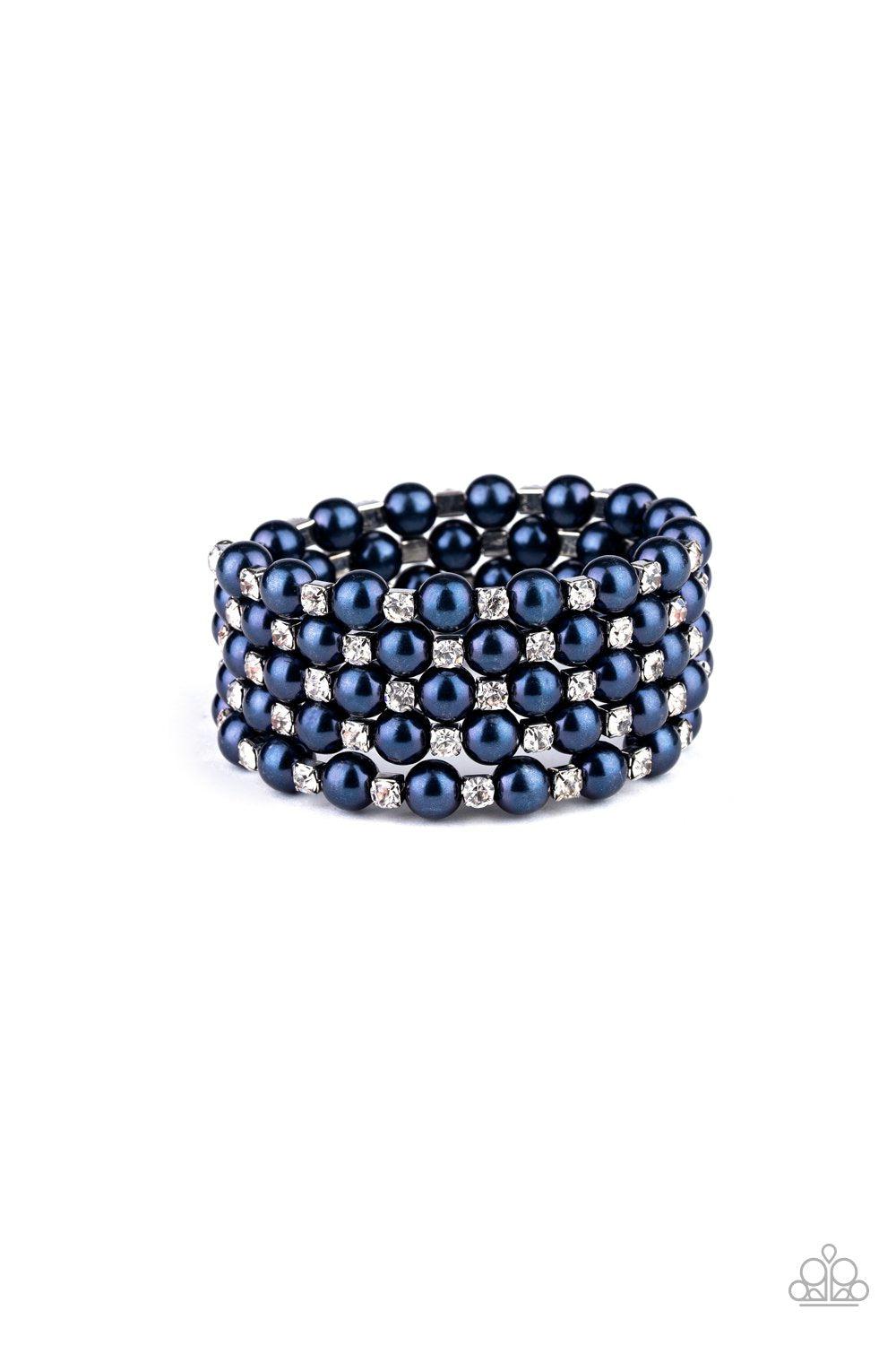 Rich Royal Blue Pearl and White Rhinestone Wire Wrap Bracelet - Paparazzi Accessories- on model - CarasShop.com - Paparazzi Jewelry by Cara Jewels