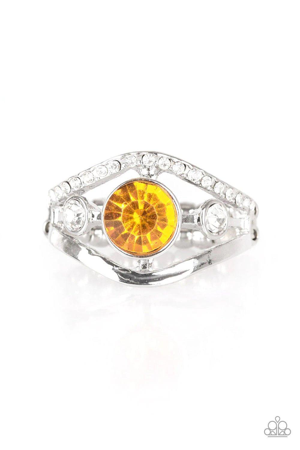 Rich With Richness Yellow Rhinestone Ring - Paparazzi Accessories- lightbox - CarasShop.com - Paparazzi Jewelry by Cara Jewels