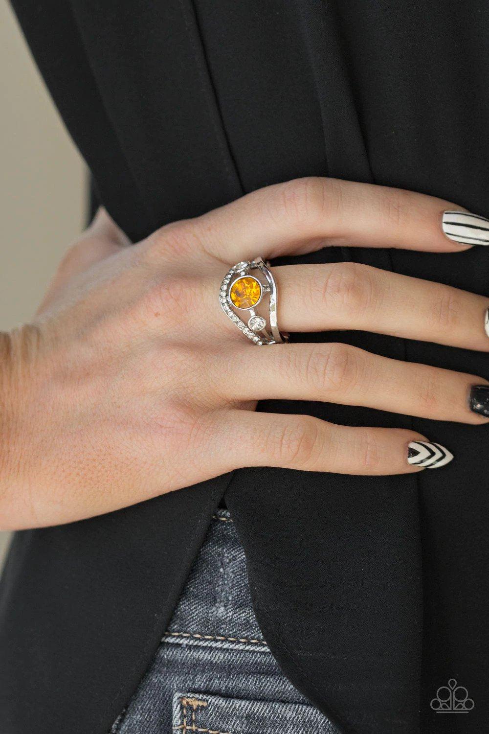 Rich With Richness Yellow Rhinestone Ring - Paparazzi Accessories- on model - CarasShop.com - Paparazzi Jewelry by Cara Jewels