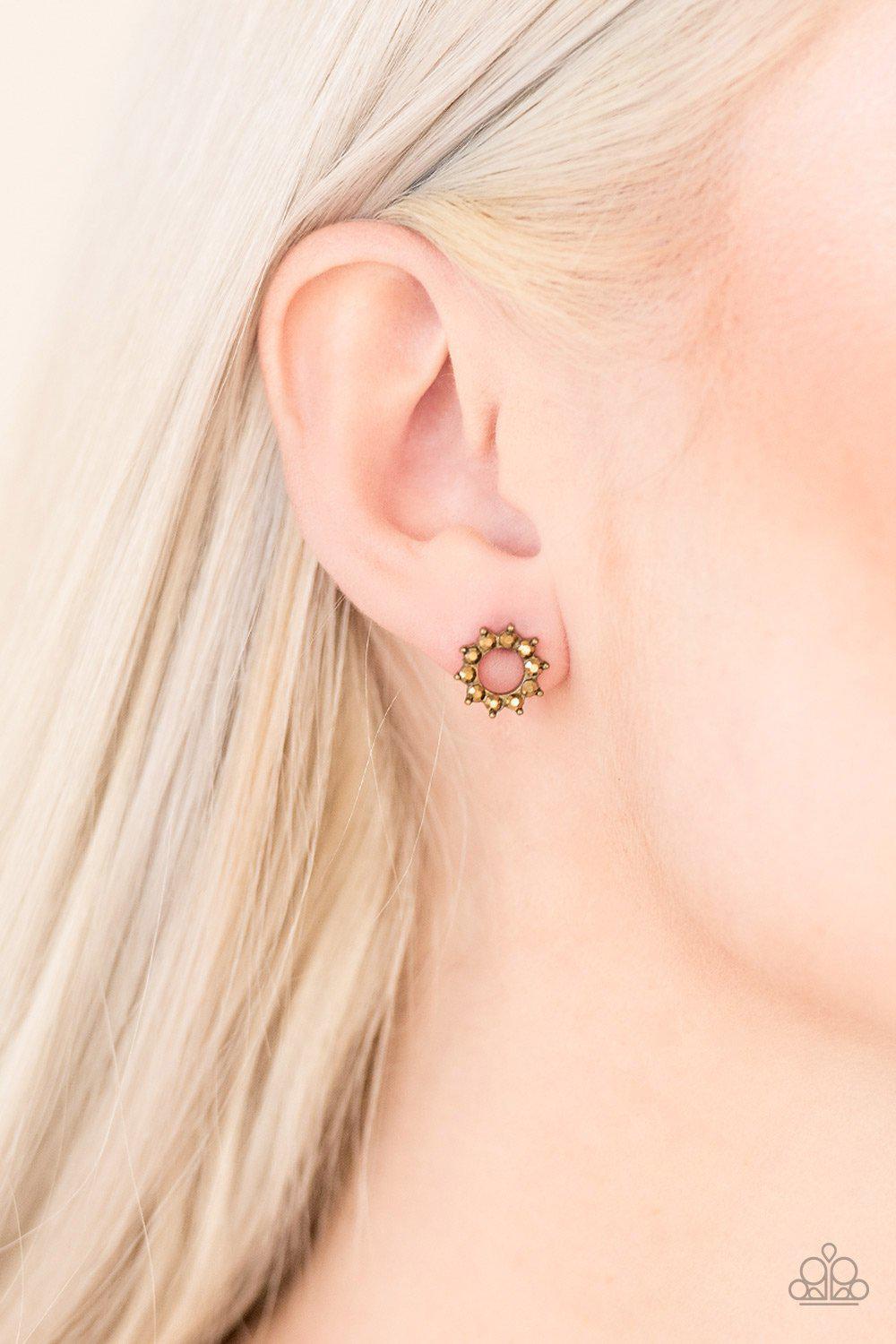 Richly Resplendent Brass Post Earrings - Paparazzi Accessories- lightbox - CarasShop.com - Paparazzi Jewelry by Cara Jewels