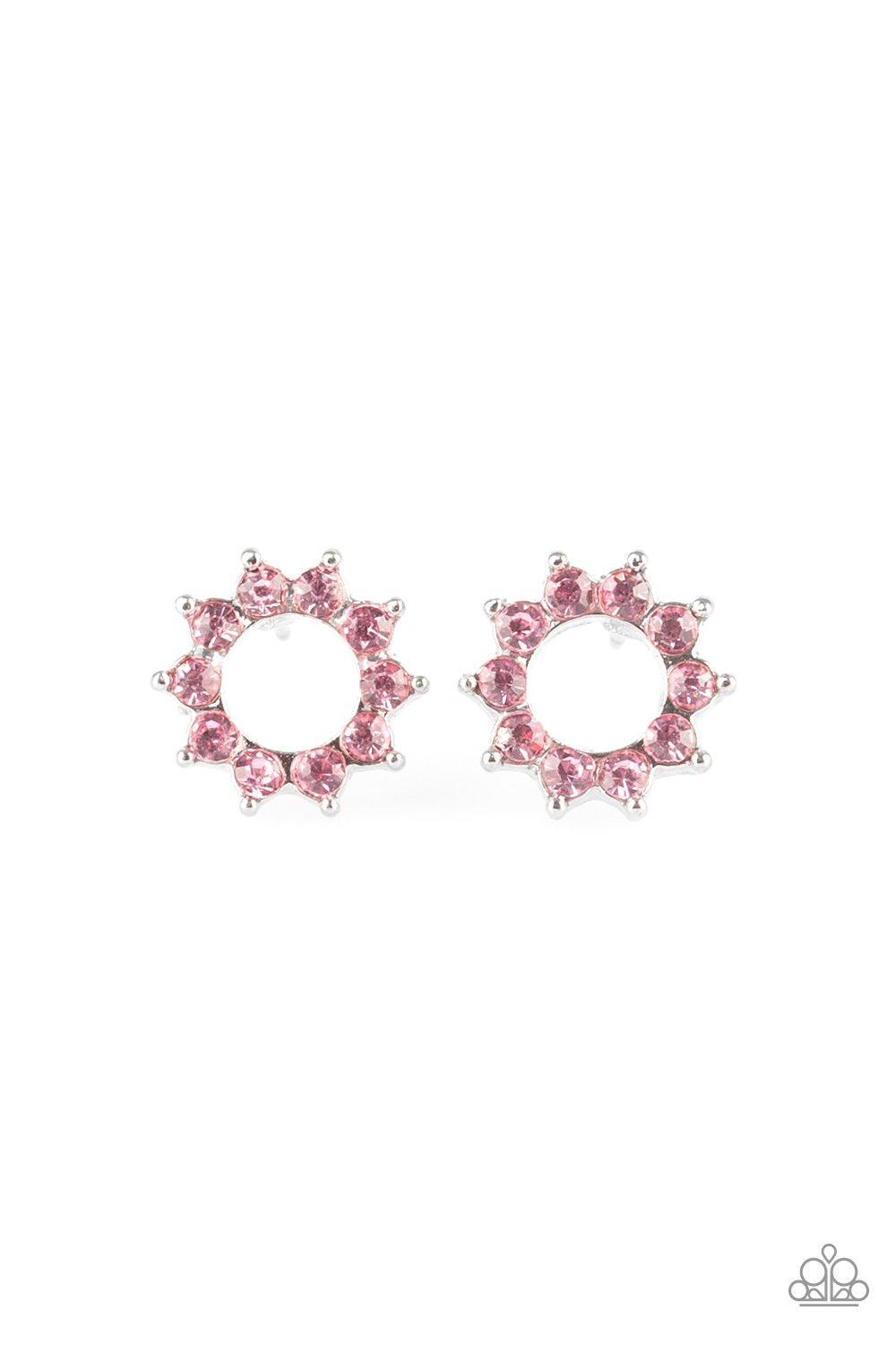 Richly Resplendent Pink Gem Post Earring - Paparazzi Accessories- on model - CarasShop.com - Paparazzi Jewelry by Cara Jewels
