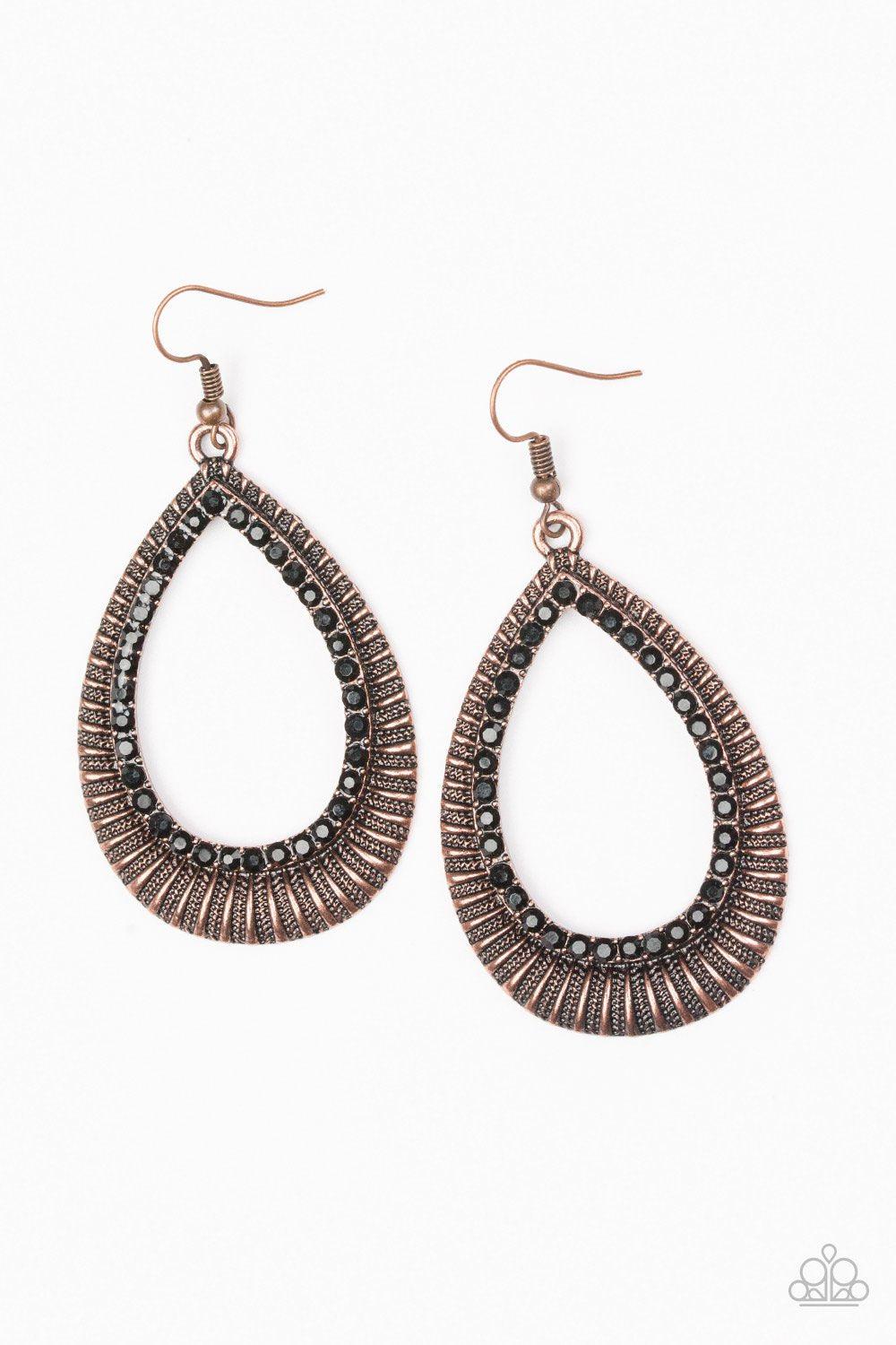 Right As REIGN Copper Earrings - Paparazzi Accessories- on model - CarasShop.com - Paparazzi Jewelry by Cara Jewels