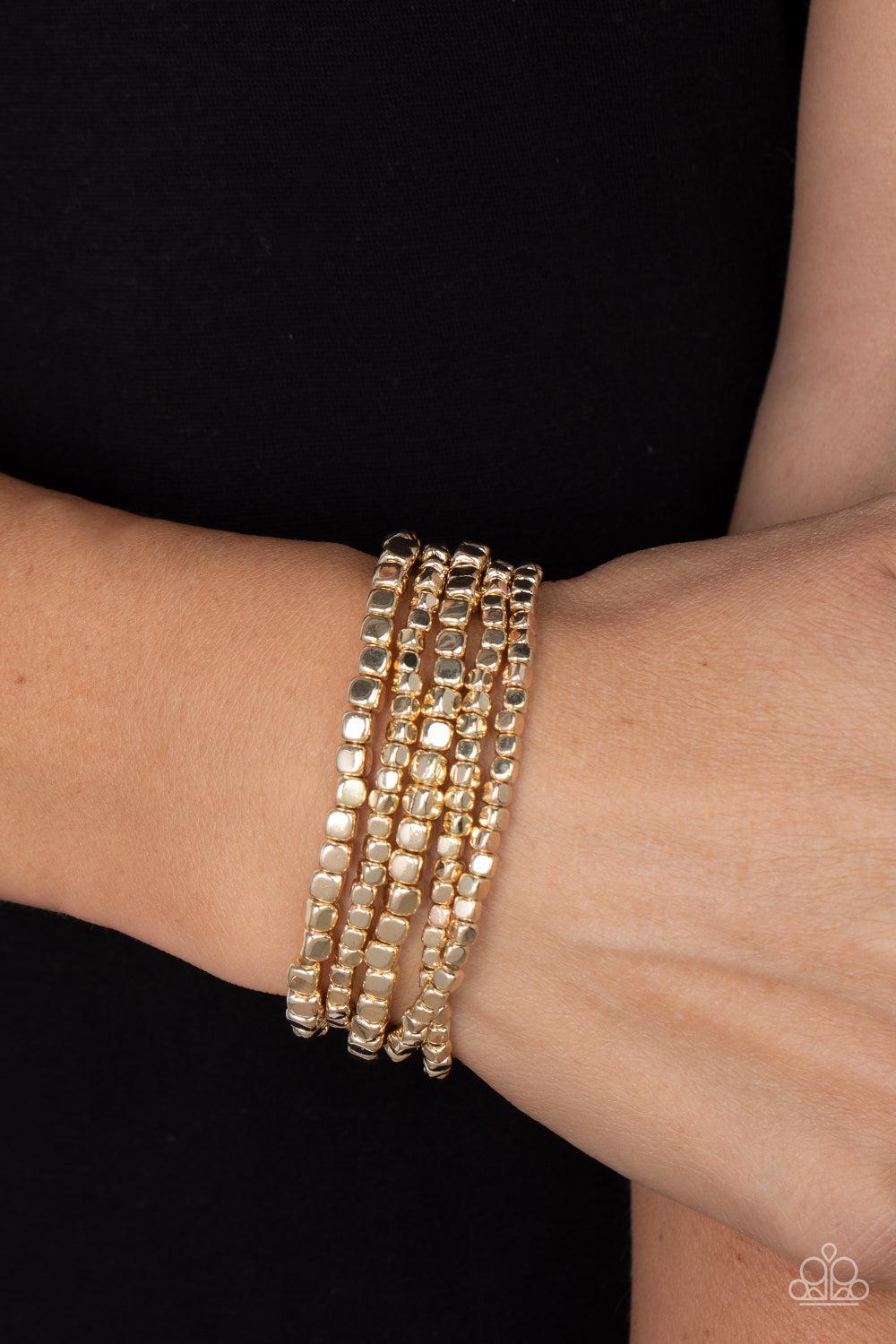 Right on CUBE Gold Bracelet - Paparazzi Accessories- on model - CarasShop.com - Paparazzi Jewelry by Cara Jewels