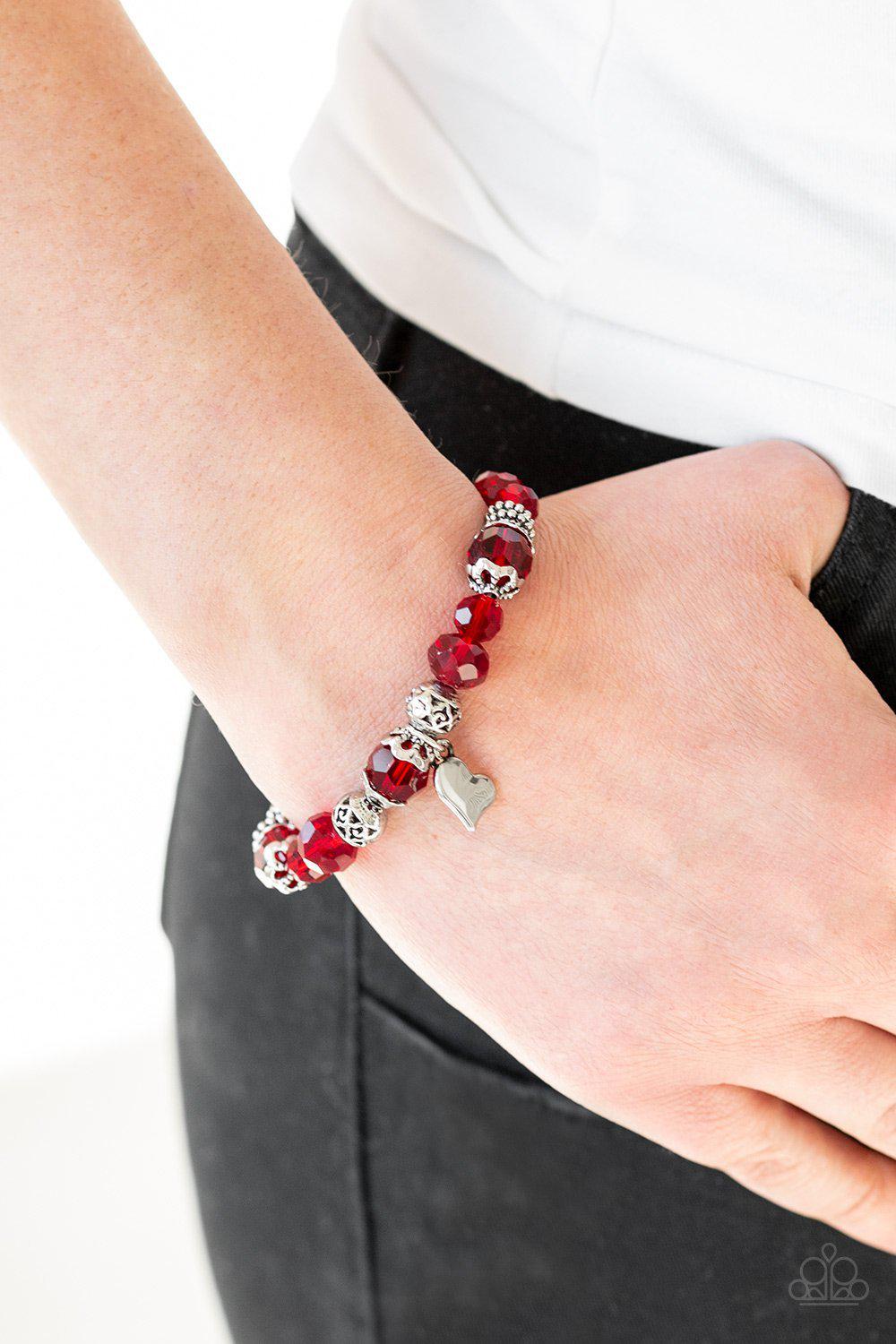 Right On The Romance Red and Silver Heart Bracelet - Paparazzi Accessories- lightbox - CarasShop.com - Paparazzi Jewelry by Cara Jewels