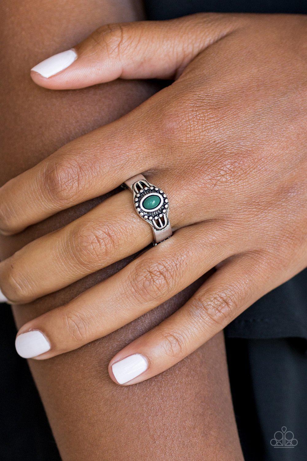 Right On TREK Green and Silver Ring - Paparazzi Accessories- on model - CarasShop.com - Paparazzi Jewelry by Cara Jewels