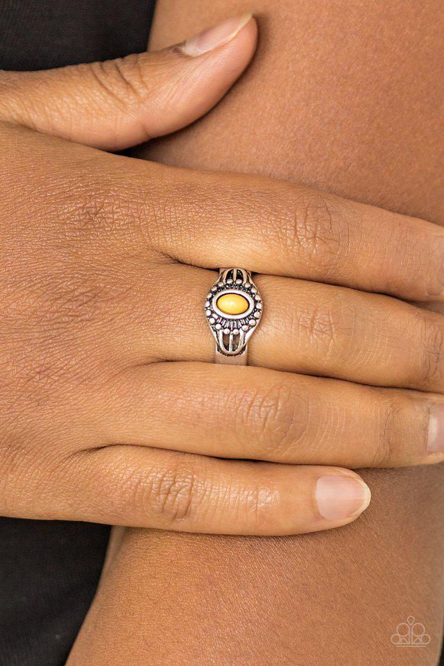 Right On Trek Yellow Ring - Paparazzi Accessories- on model - CarasShop.com - Paparazzi Jewelry by Cara Jewels