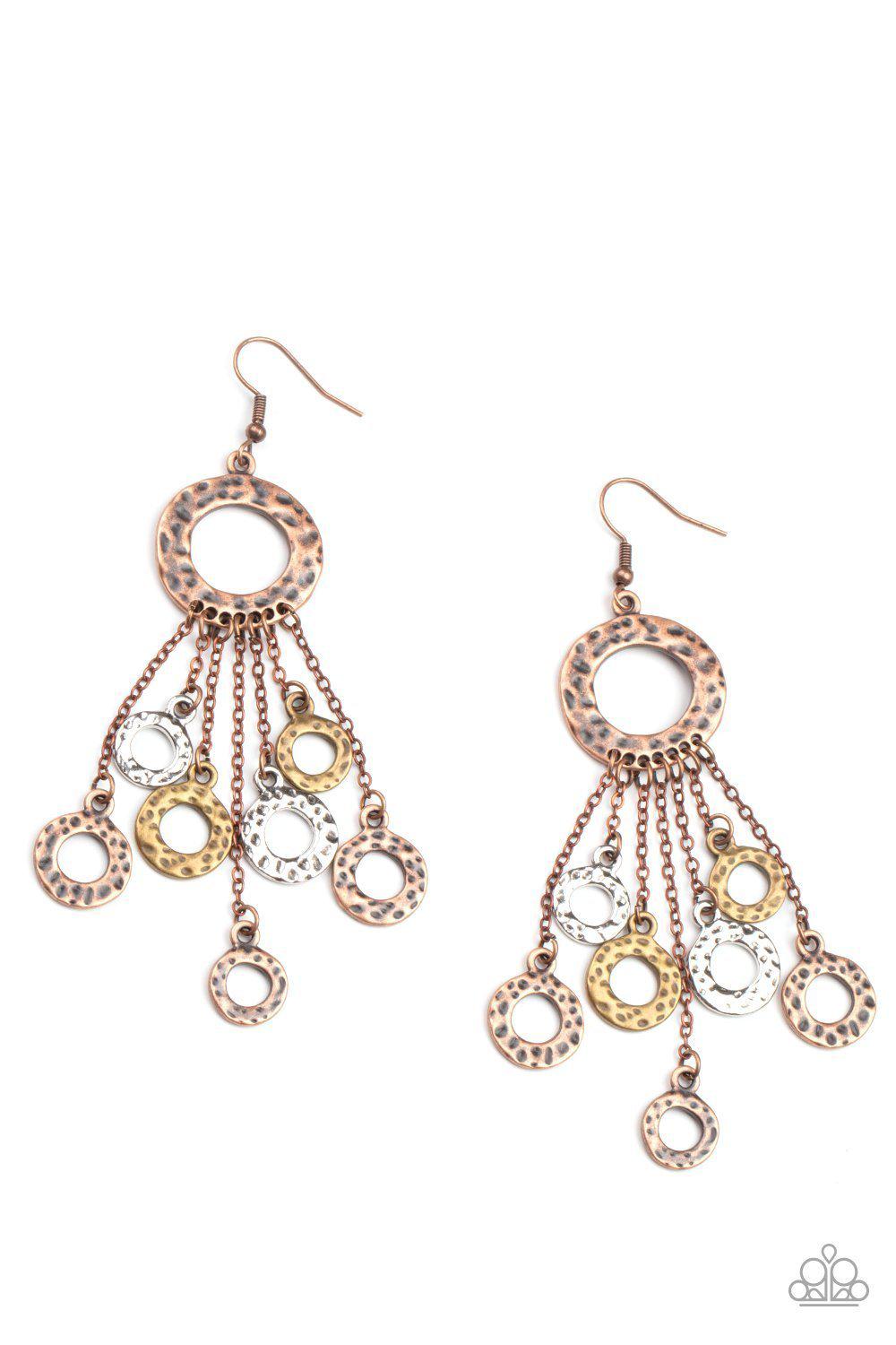 Right Under Your NOISE Multi Copper, Silver and Brass Earrings - Paparazzi Accessories- lightbox - CarasShop.com - Paparazzi Jewelry by Cara Jewels