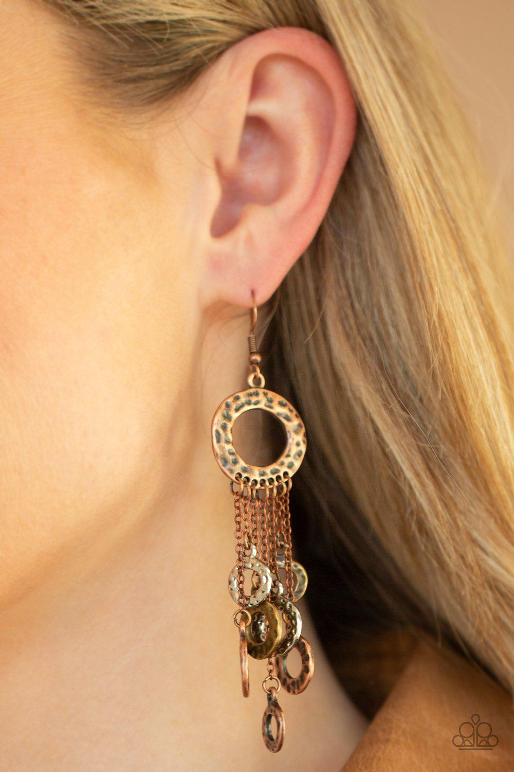Right Under Your NOISE Multi Copper, Silver and Brass Earrings - Paparazzi Accessories- on model - CarasShop.com - Paparazzi Jewelry by Cara Jewels