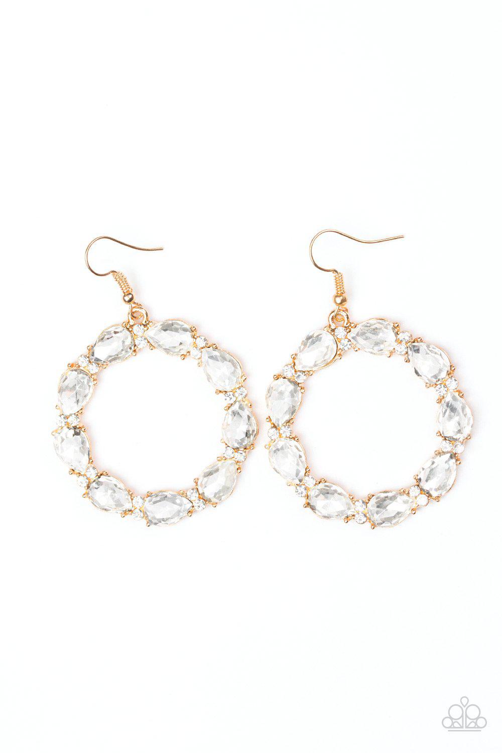 Ring Around The Rhinestones Gold Earrings - Paparazzi Accessories- lightbox - CarasShop.com - Paparazzi Jewelry by Cara Jewels