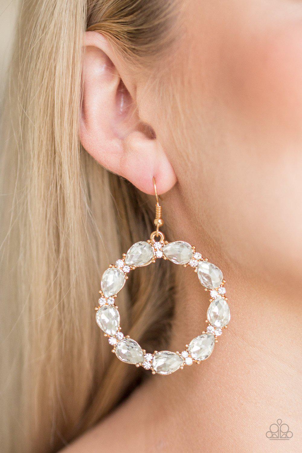 Ring Around The Rhinestones Gold Earrings - Paparazzi Accessories- lightbox - CarasShop.com - Paparazzi Jewelry by Cara Jewels