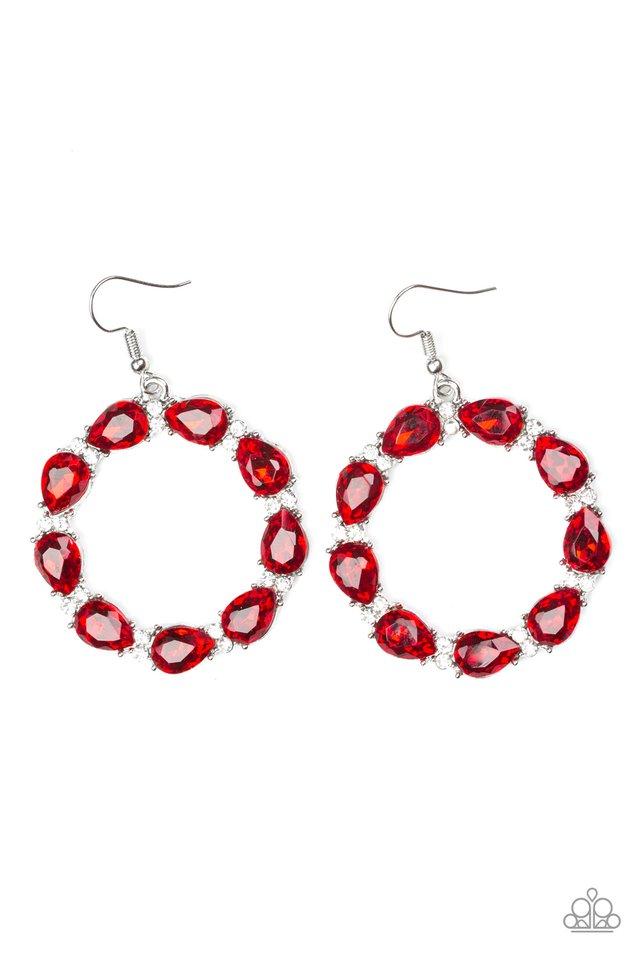 Ring Around The Rhinestones Red Earrings - Paparazzi Accessories- on model - CarasShop.com - Paparazzi Jewelry by Cara Jewels