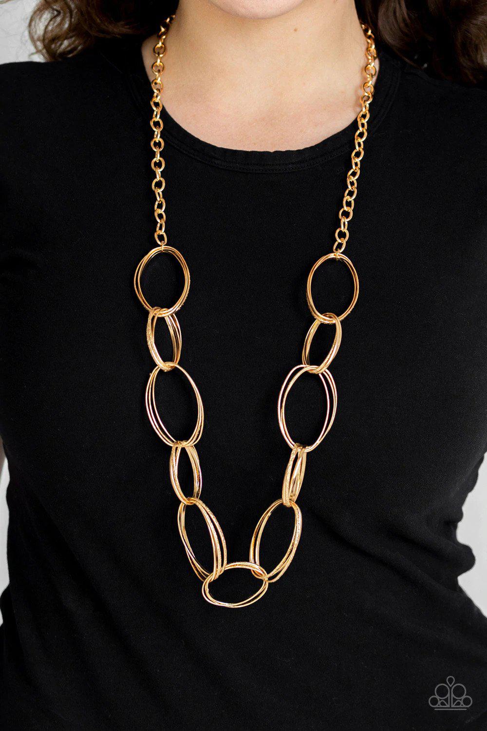 Ring Bling Gold Necklace - Paparazzi Accessories- on model - CarasShop.com - Paparazzi Jewelry by Cara Jewels