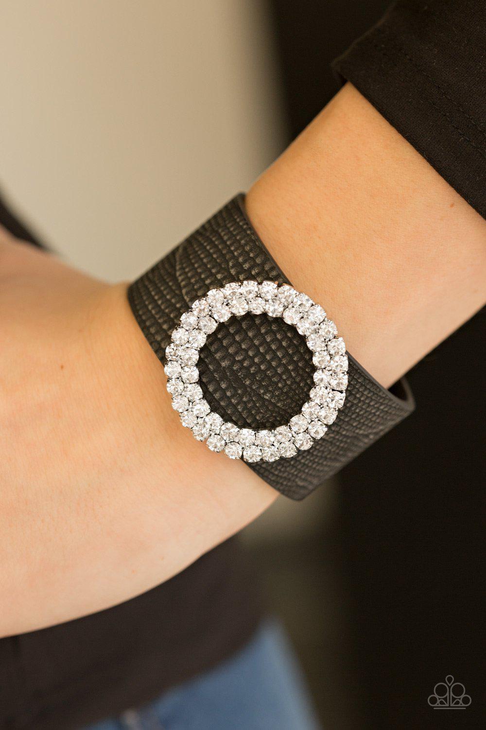 Ring In The Bling Black Urban Wrap Snap Bracelet with Rhinestone Buckle - Paparazzi Accessories- lightbox - CarasShop.com - Paparazzi Jewelry by Cara Jewels