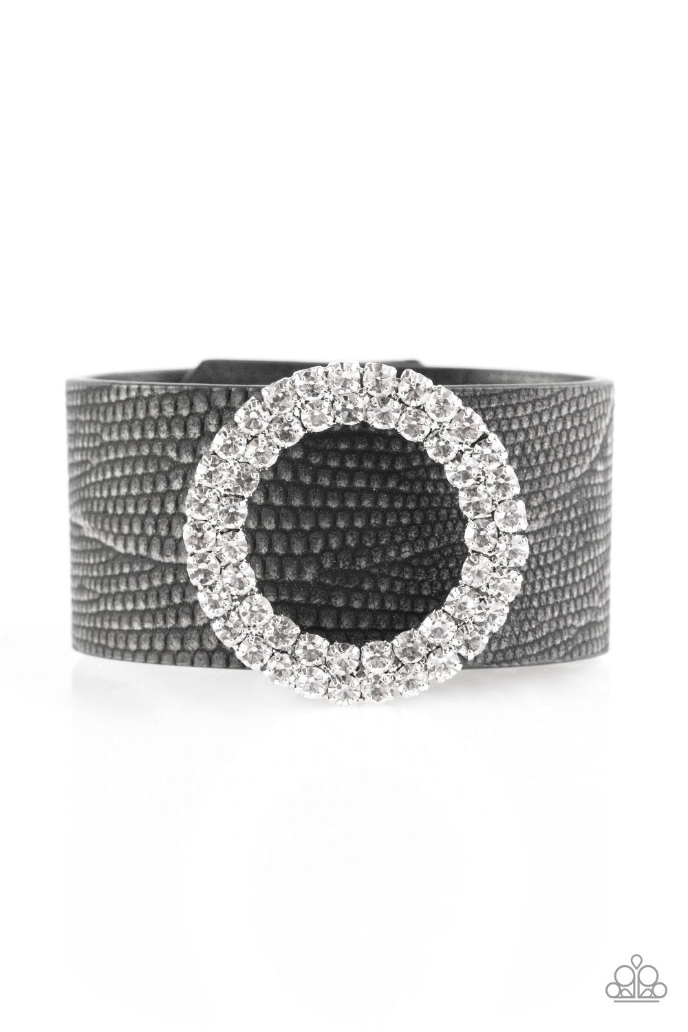 Ring In The Bling Black Urban Wrap Snap Bracelet with Rhinestone Buckle - Paparazzi Accessories- on model - CarasShop.com - Paparazzi Jewelry by Cara Jewels