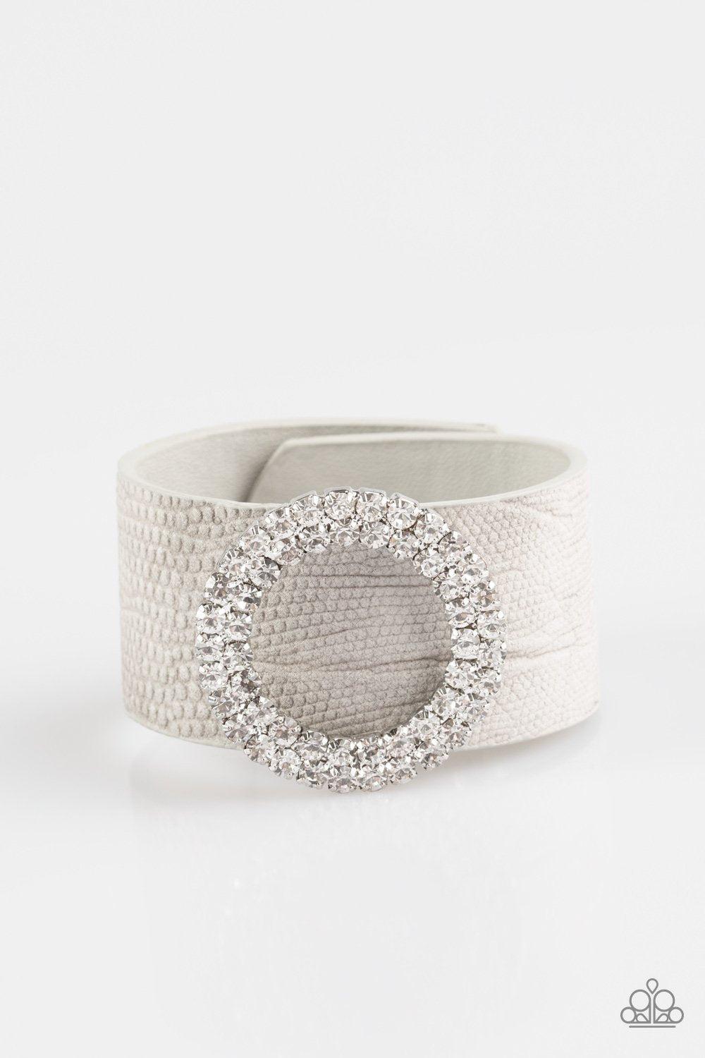 Ring In The Bling Silver Urban Wrap Snap Bracelet with Rhinestone Buckle - Paparazzi Accessories- on model - CarasShop.com - Paparazzi Jewelry by Cara Jewels