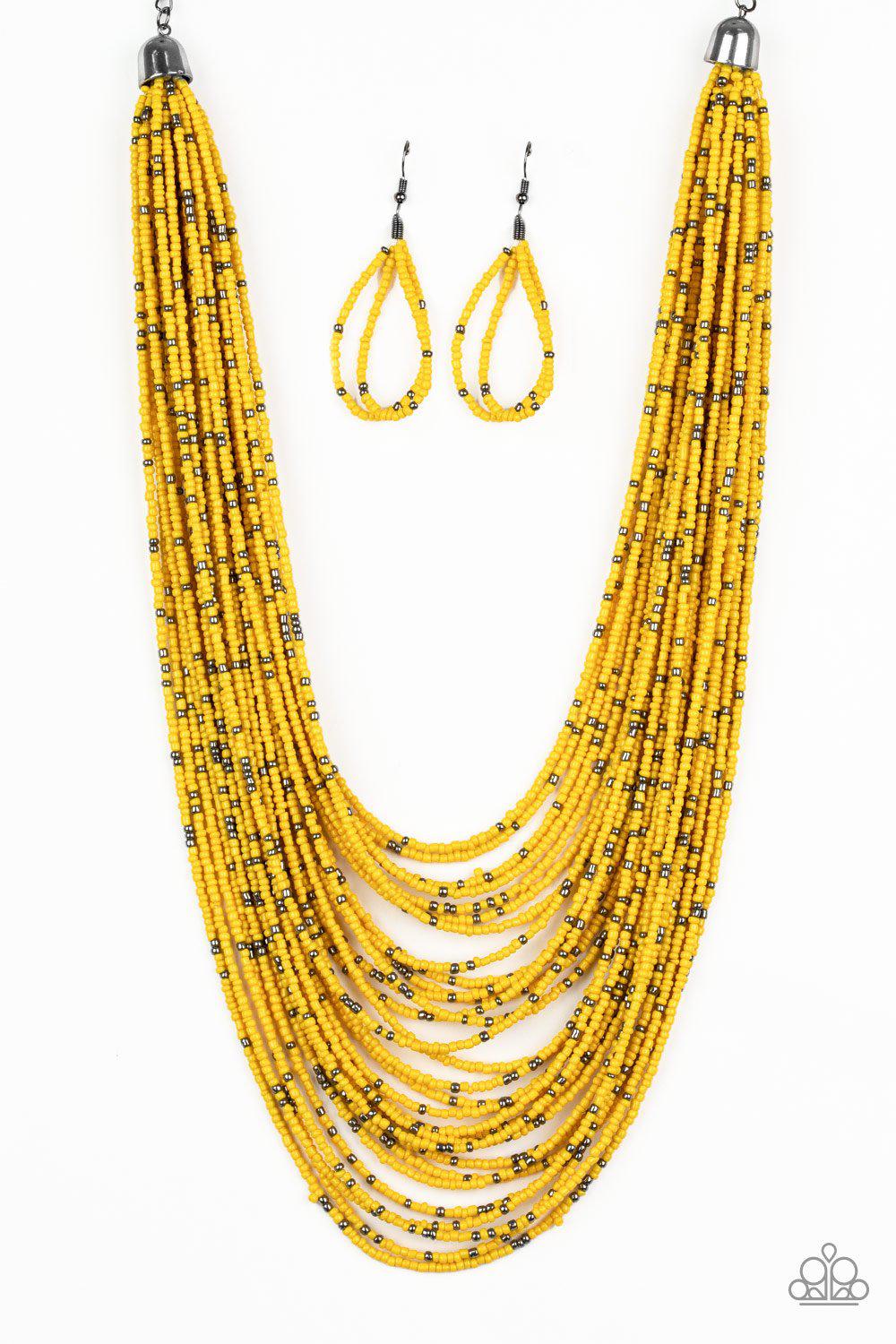 Rio Rainforest Yellow Seed Bead and Gunmetal Necklace - Paparazzi Accessories - free matching earrings -CarasShop.com - Paparazzi Jewelry by Cara Jewels