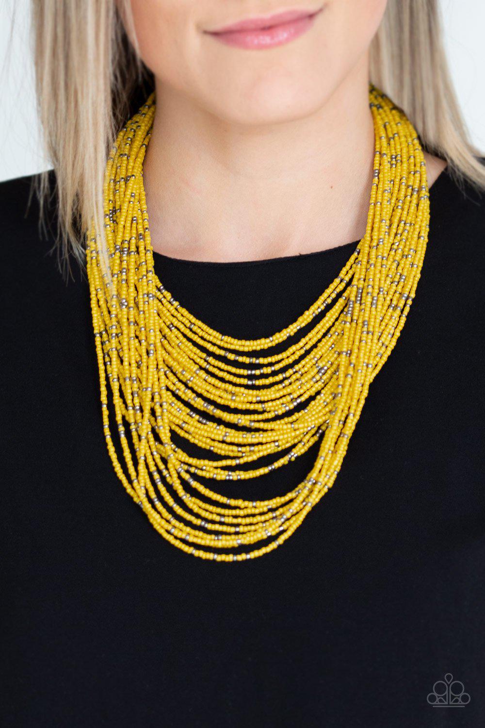Rio Rainforest Yellow Seed Bead and Gunmetal Necklace - Paparazzi Accessories- lightbox - CarasShop.com - Paparazzi Jewelry by Cara Jewels