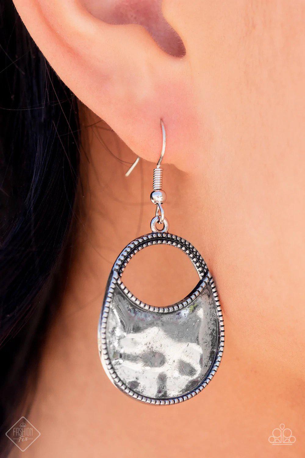 Rio Rancho Relic Silver Earrings - Paparazzi Accessories- on model - CarasShop.com - Paparazzi Jewelry by Cara Jewels