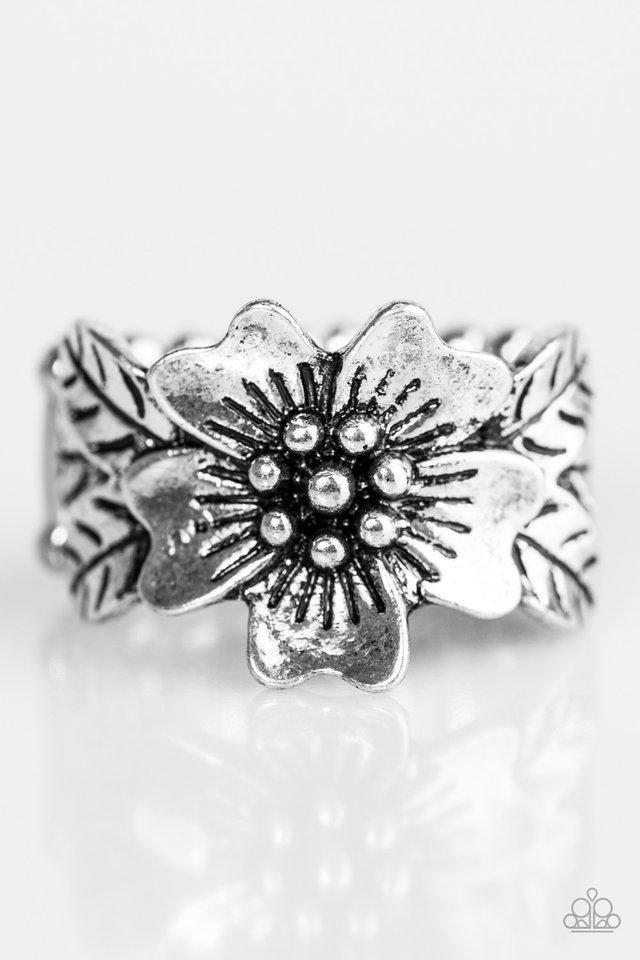 Rio Retreat Silver Flower Ring - Paparazzi Accessories- on model - CarasShop.com - Paparazzi Jewelry by Cara Jewels