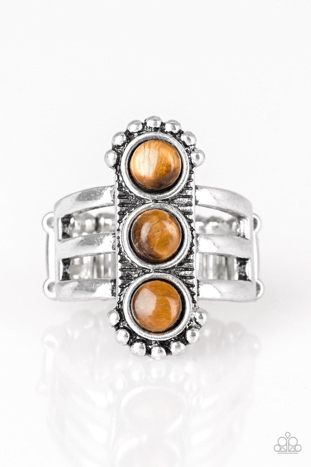 Rio Trio Brown Tiger's Eye Stone Ring - Paparazzi Accessories- lightbox - CarasShop.com - Paparazzi Jewelry by Cara Jewels