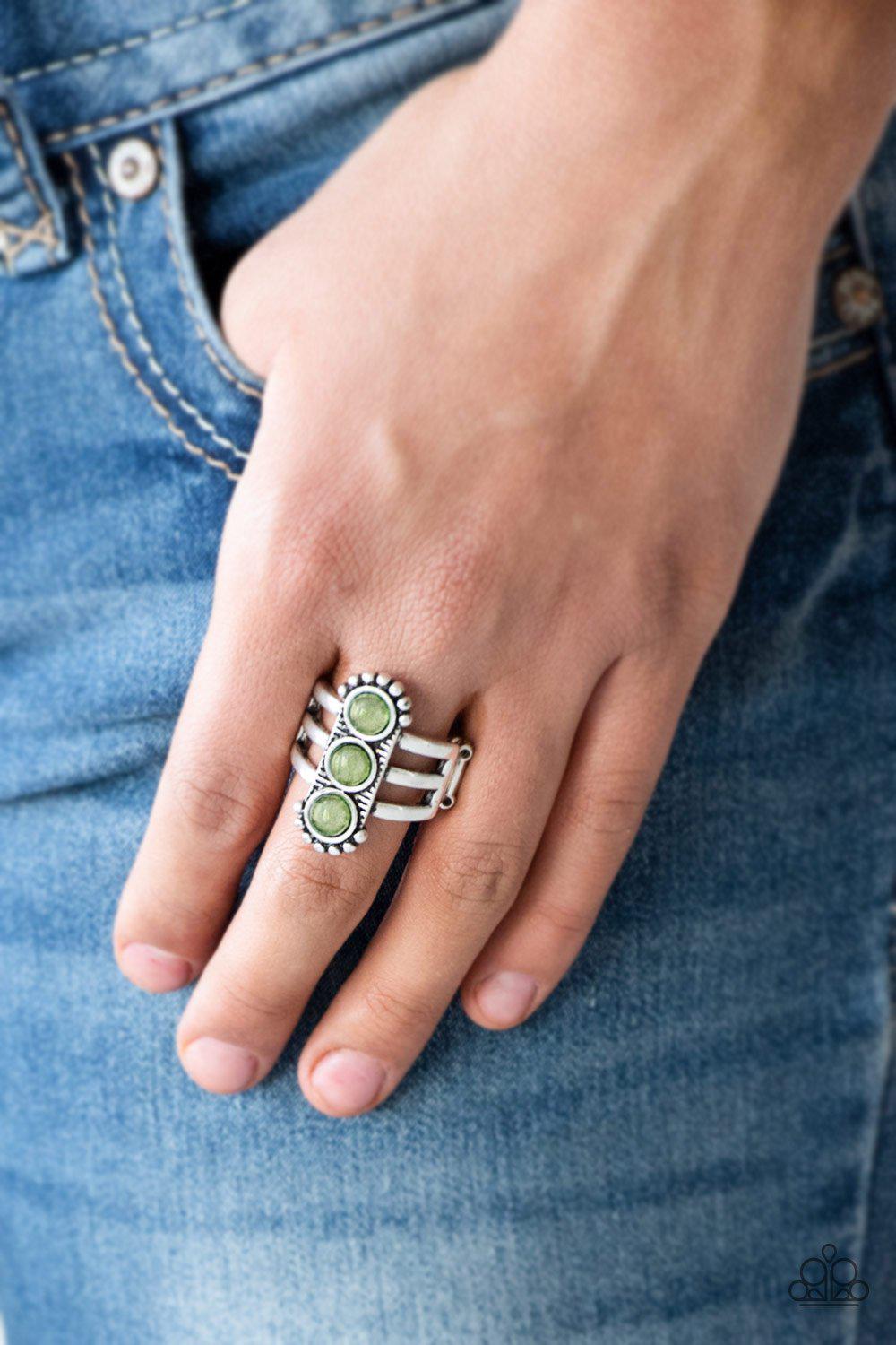 Rio Trio Silver and Green Ring - Paparazzi Accessories- lightbox - CarasShop.com - Paparazzi Jewelry by Cara Jewels