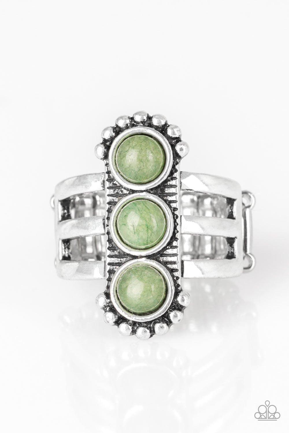 Rio Trio Silver and Green Ring - Paparazzi Accessories- on model - CarasShop.com - Paparazzi Jewelry by Cara Jewels