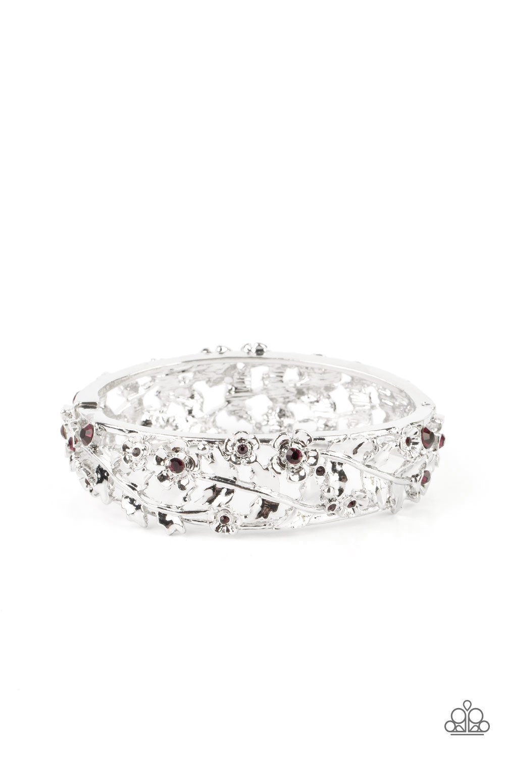 Ripe for the Picking Purple Rhinestone and Silver Filigree Hinged Bangle Bracelet - Paparazzi Accessories- lightbox - CarasShop.com - Paparazzi Jewelry by Cara Jewels