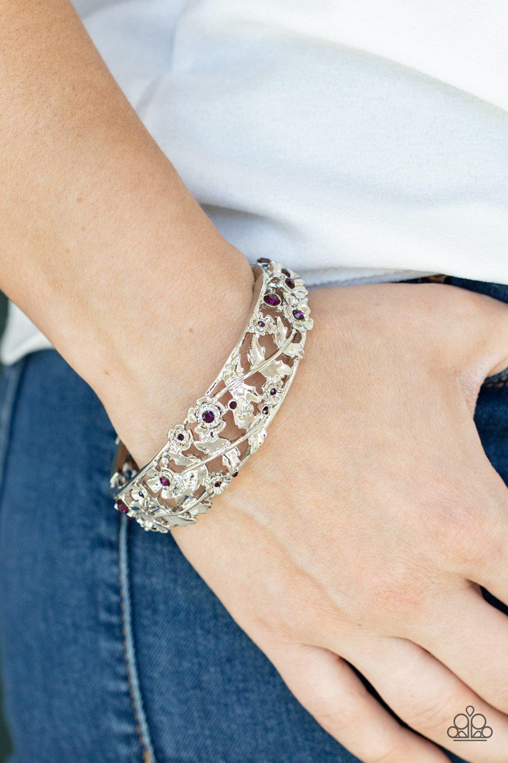 Ripe for the Picking Purple Rhinestone and Silver Filigree Hinged Bangle Bracelet - Paparazzi Accessories- on model - CarasShop.com - Paparazzi Jewelry by Cara Jewels
