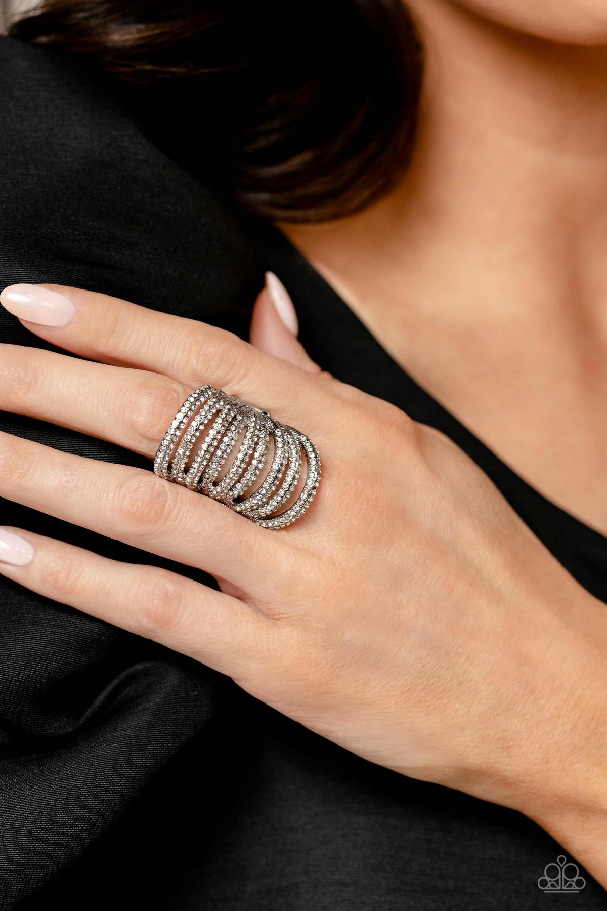 Rippling Rarity White Rhinestone Ring - Paparazzi Accessories- on model - CarasShop.com - Paparazzi Jewelry by Cara Jewels