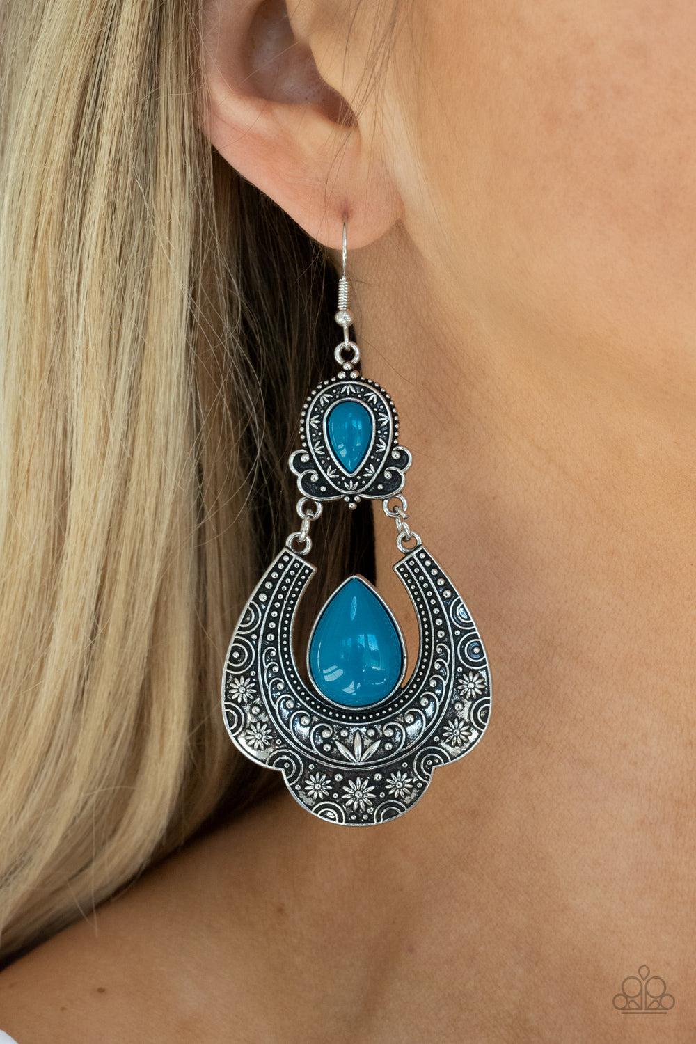 Rise and Roam Blue Earrings - Paparazzi Accessories- on model - CarasShop.com - Paparazzi Jewelry by Cara Jewels