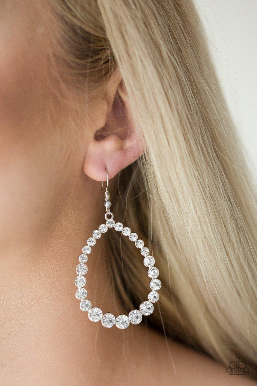Rise and Sparkle White Rhinestone Teardrop Earrings - Paparazzi Accessories- lightbox - CarasShop.com - Paparazzi Jewelry by Cara Jewels