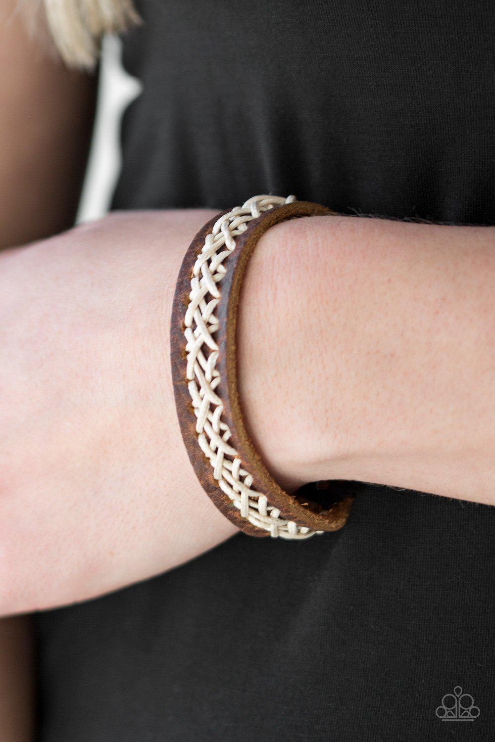 Road Show Rodeo Brown Leather and White Cord Urban Wrap Snap Bracelet - Paparazzi Accessories- lightbox - CarasShop.com - Paparazzi Jewelry by Cara Jewels