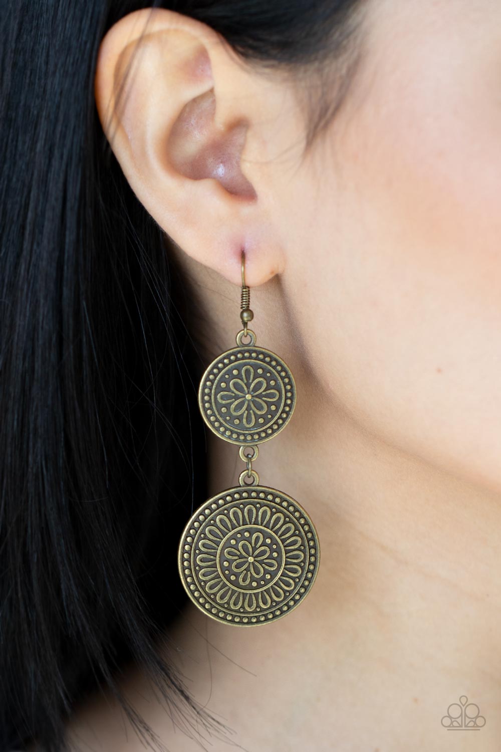 Road Trip Paradise Brass Earrings - Paparazzi Accessories- lightbox - CarasShop.com - Paparazzi Jewelry by Cara Jewels
