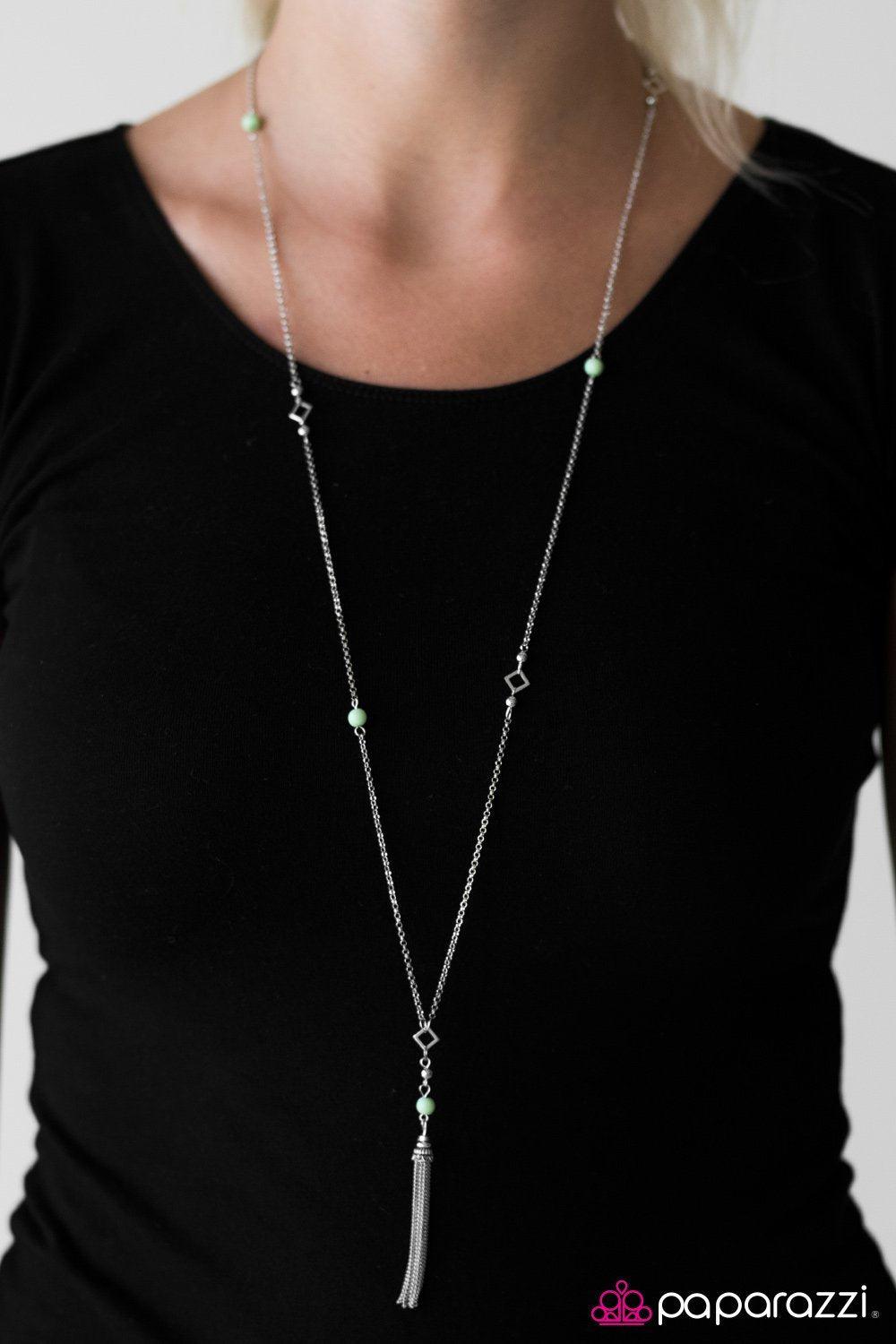 Roam On Green and Silver Tassel Necklace - Paparazzi Accessories- lightbox - CarasShop.com - Paparazzi Jewelry by Cara Jewels
