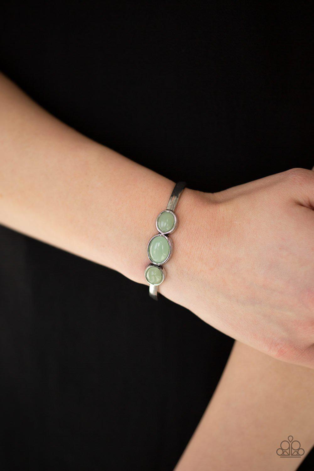 ROAM Rules Green Moonstone Cuff Bracelet - Paparazzi Accessories- on model - CarasShop.com - Paparazzi Jewelry by Cara Jewels