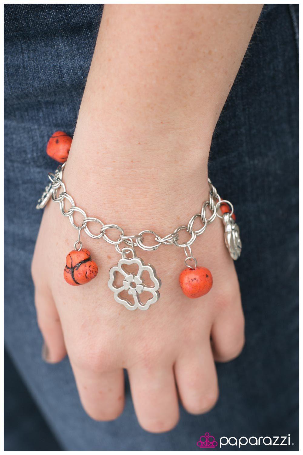Rock Garden Silver and Orange Stone Bracelet - Paparazzi Accessories- lightbox - CarasShop.com - Paparazzi Jewelry by Cara Jewels