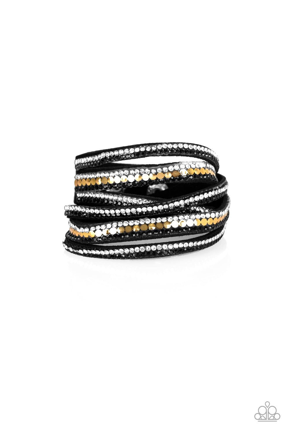 Rock Star Attitude Black & Gold Double-wrap Snap Bracelet - Paparazzi Accessories- on model - CarasShop.com - Paparazzi Jewelry by Cara Jewels