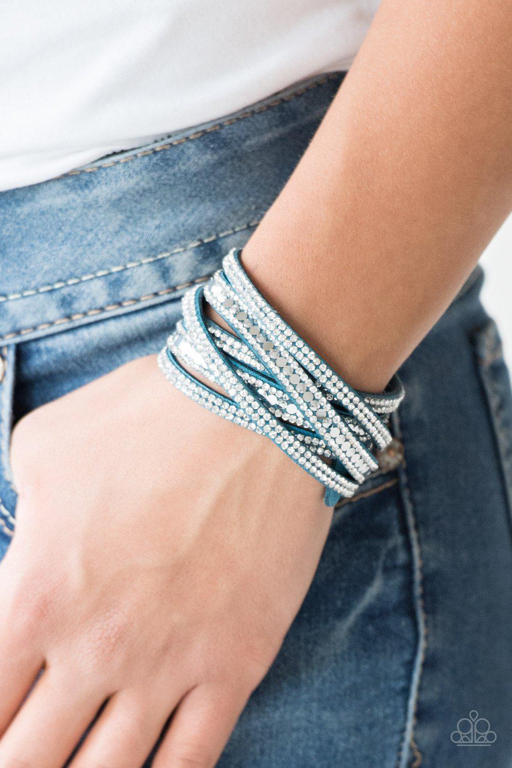 Rock Star Attitude Blue & White Rhinestone Double-wrap Snap Bracelet - Paparazzi Accessories- lightbox - CarasShop.com - Paparazzi Jewelry by Cara Jewels