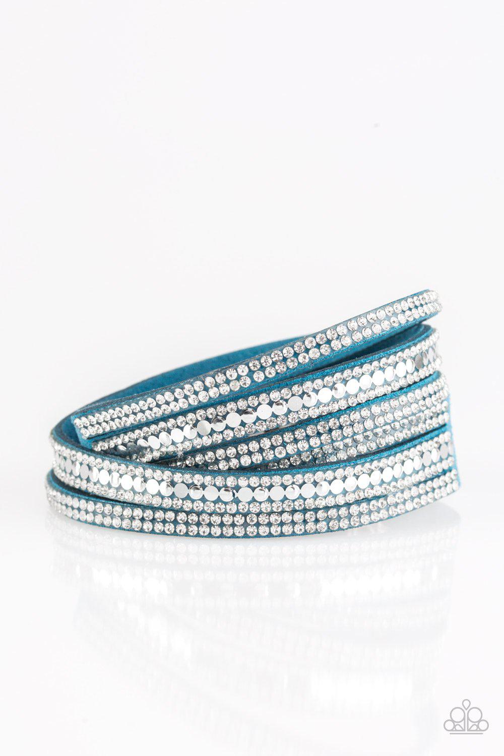 Rock Star Attitude Blue & White Rhinestone Double-wrap Snap Bracelet - Paparazzi Accessories- on model - CarasShop.com - Paparazzi Jewelry by Cara Jewels