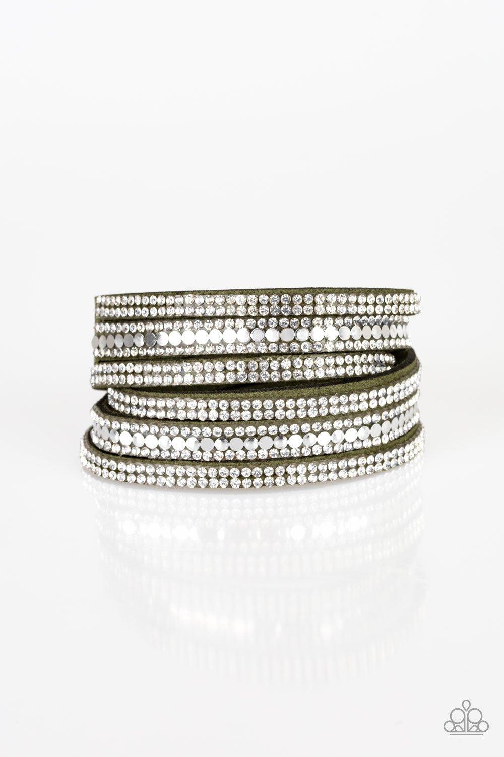 Rock Star Attitude Green & White Rhinestone Double-wrap Snap Bracelet - Paparazzi Accessories- lightbox - CarasShop.com - Paparazzi Jewelry by Cara Jewels