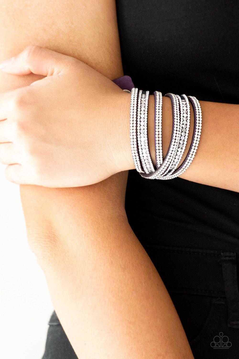 Rock Star Attitude Purple & White Rhinestone Double-wrap Snap Bracelet - Paparazzi Accessories- lightbox - CarasShop.com - Paparazzi Jewelry by Cara Jewels