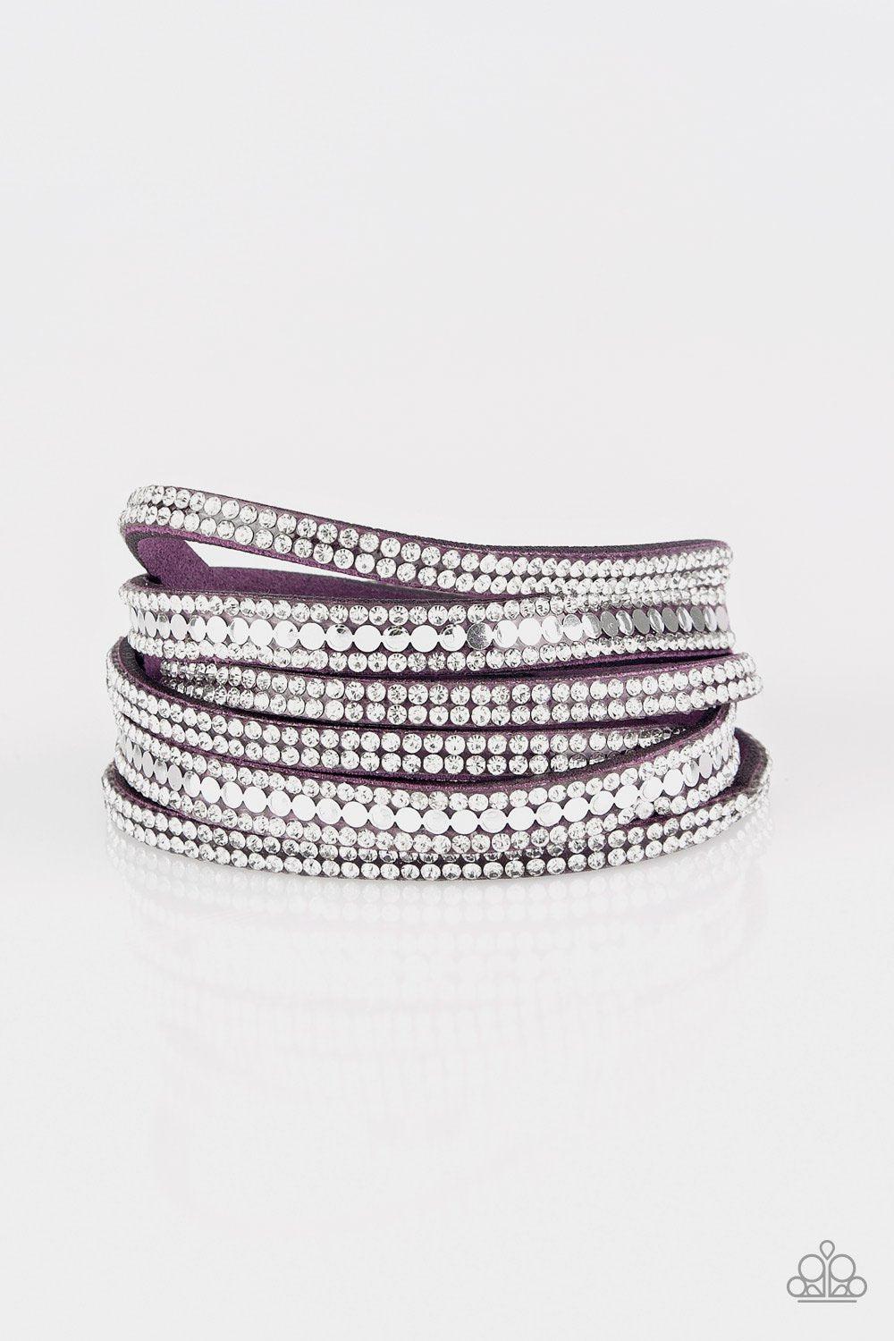 Rock Star Attitude Purple & White Rhinestone Double-wrap Snap Bracelet - Paparazzi Accessories- on model - CarasShop.com - Paparazzi Jewelry by Cara Jewels