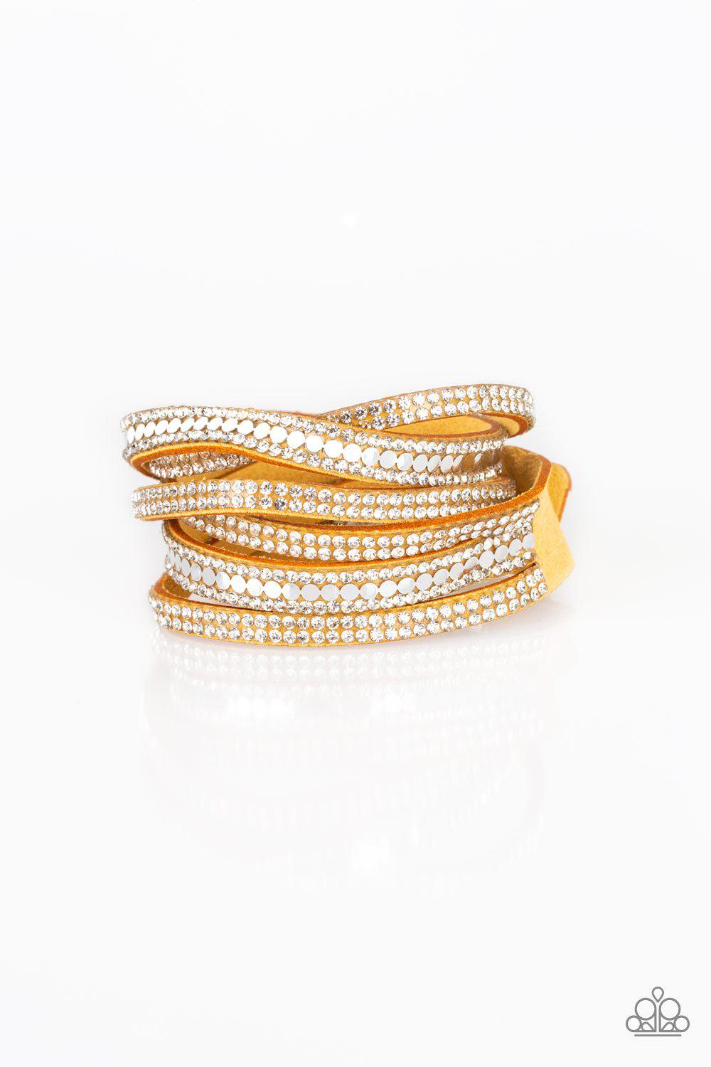 Rock Star Attitude Yellow & White Rhinestone Double-wrap Snap Bracelet - Paparazzi Accessories- on model - CarasShop.com - Paparazzi Jewelry by Cara Jewels
