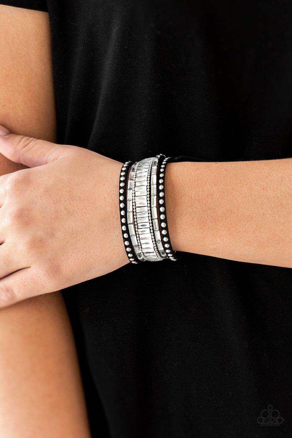 Rock Star Rocker Black and White Rhinestone Urban Wrap Snap Bracelet - Paparazzi Accessories- lightbox - CarasShop.com - Paparazzi Jewelry by Cara Jewels
