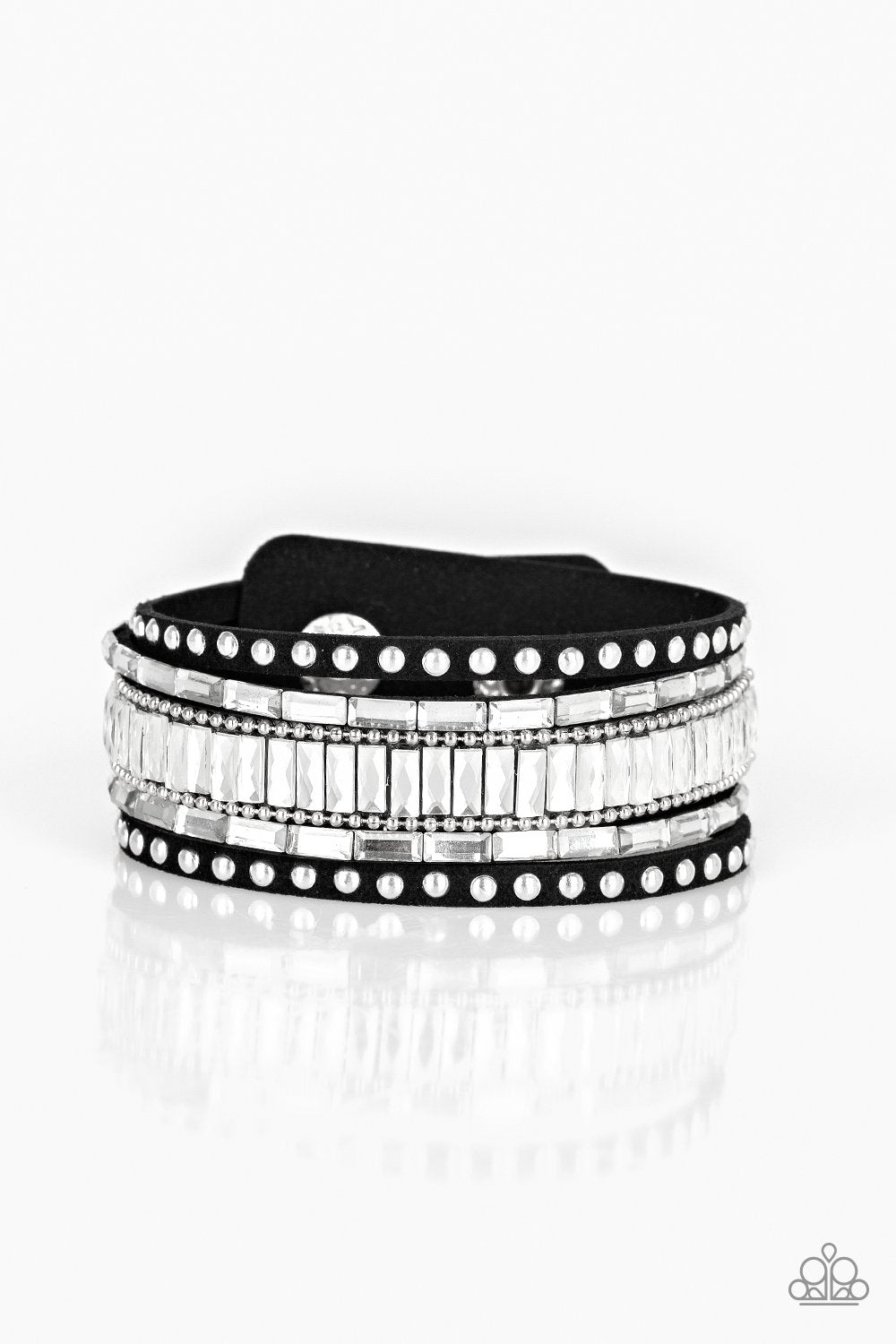 Rock Star Rocker Black and White Rhinestone Urban Wrap Snap Bracelet - Paparazzi Accessories- on model - CarasShop.com - Paparazzi Jewelry by Cara Jewels