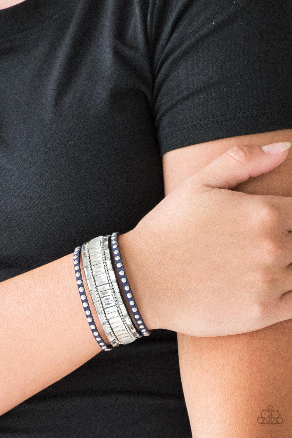 Rock Star Rocker Blue Wrap Snap Bracelet - Paparazzi Accessories- on model - CarasShop.com - Paparazzi Jewelry by Cara Jewels