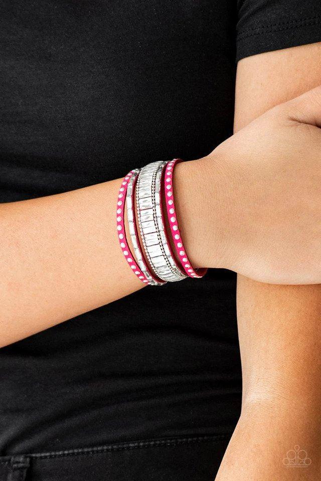 Rock Star Rocker Pink Bracelet - Paparazzi Accessories- on model - CarasShop.com - Paparazzi Jewelry by Cara Jewels