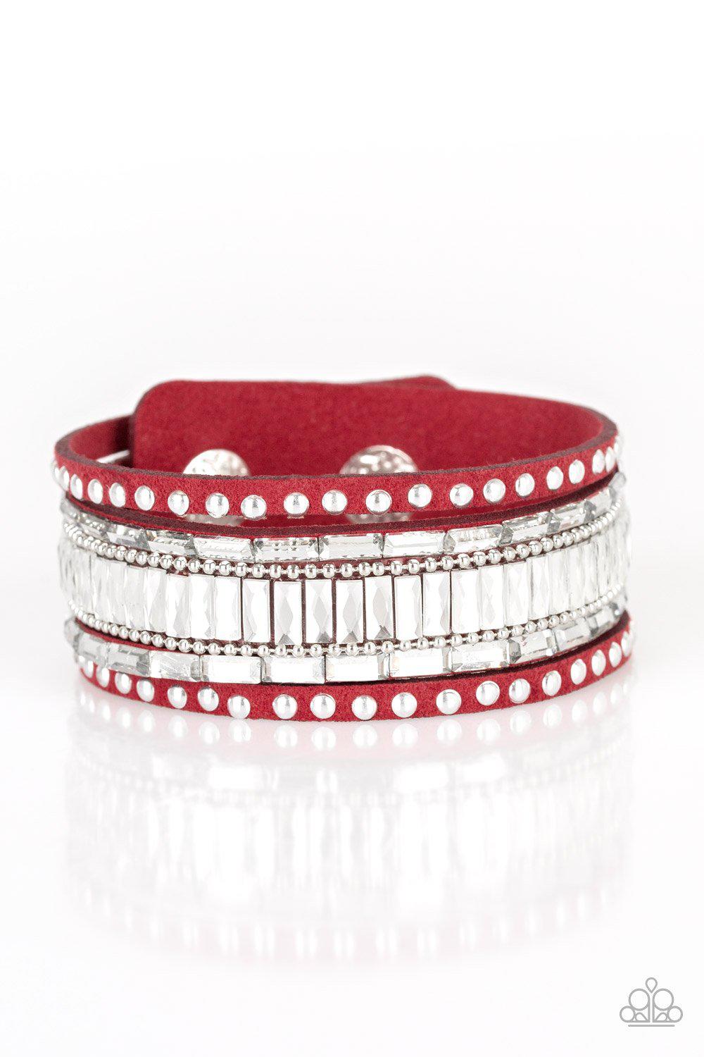 Rock Star Rocker Red Wrap Snap Bracelet - Paparazzi Accessories- lightbox - CarasShop.com - Paparazzi Jewelry by Cara Jewels