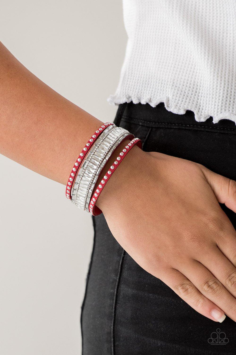 Rock Star Rocker Red Wrap Snap Bracelet - Paparazzi Accessories- on model - CarasShop.com - Paparazzi Jewelry by Cara Jewels