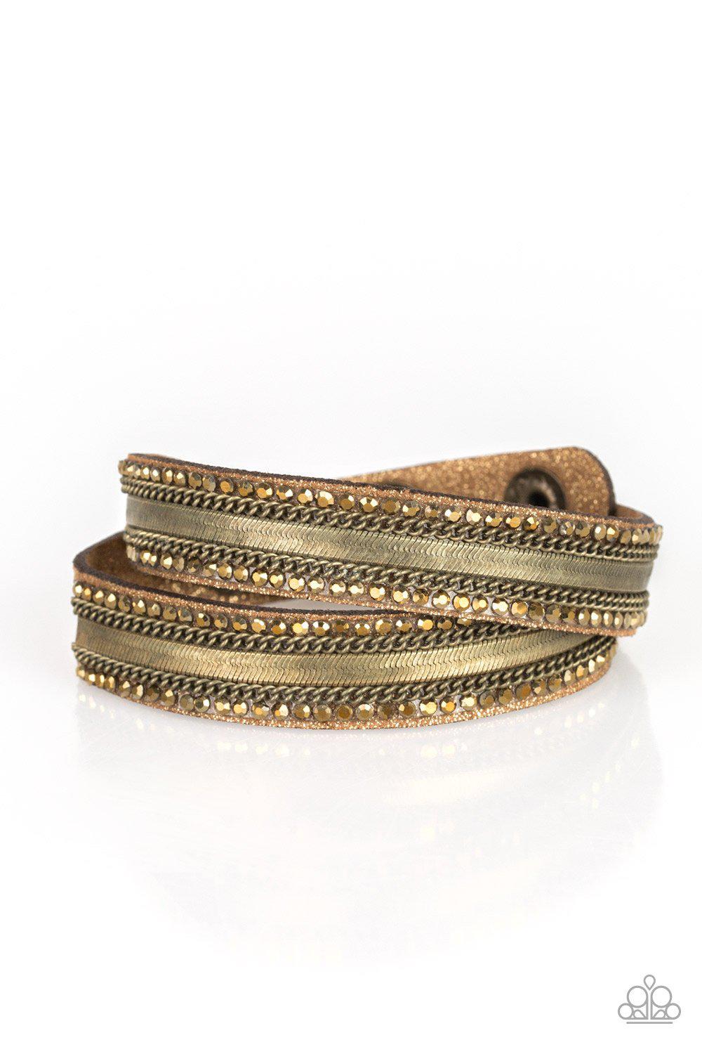 Rocker Rivalry Brass Urban Double-wrap Snap Bracelet - Paparazzi Accessories- lightbox - CarasShop.com - Paparazzi Jewelry by Cara Jewels